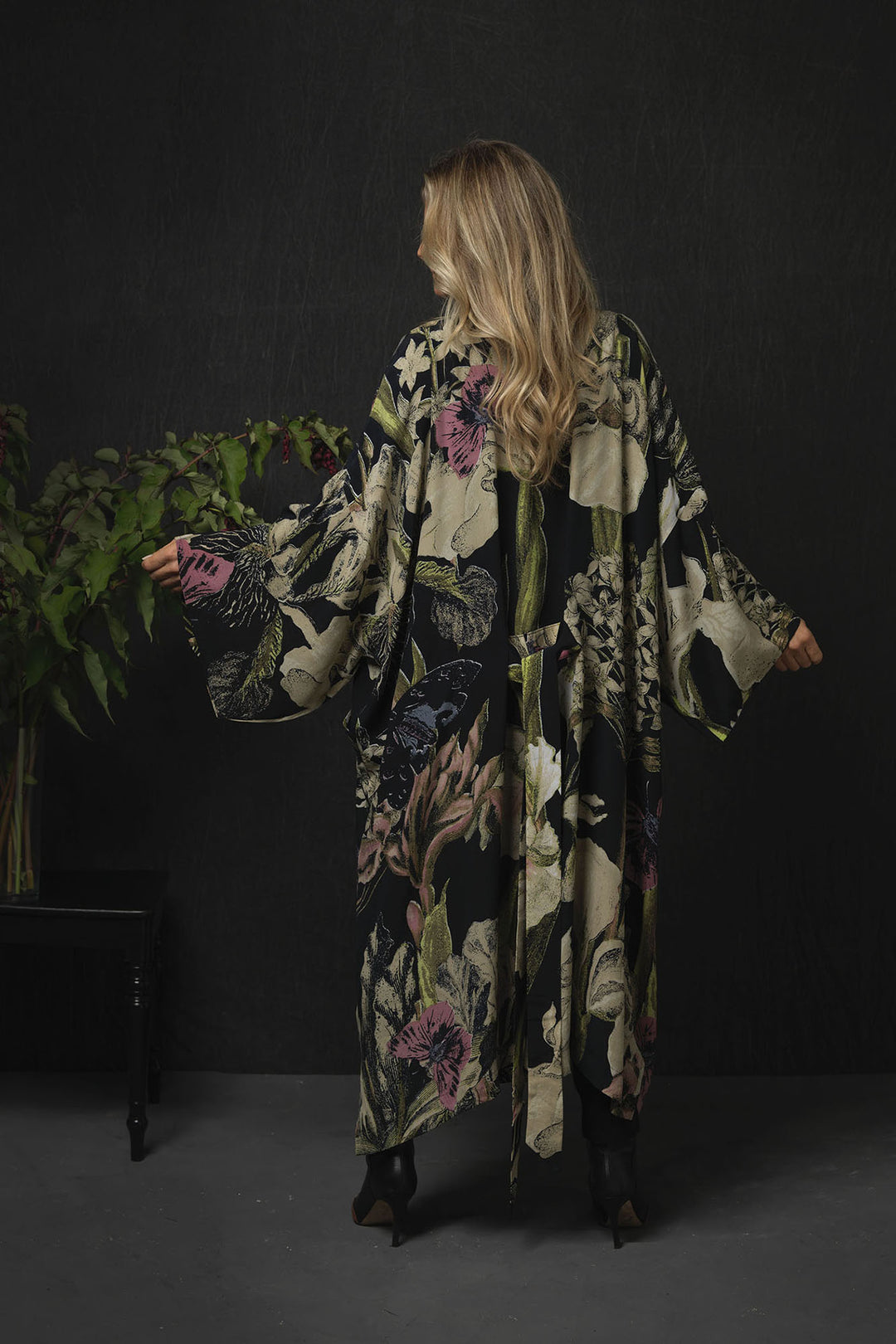 KEW Iris Black Long Crepe Kimono