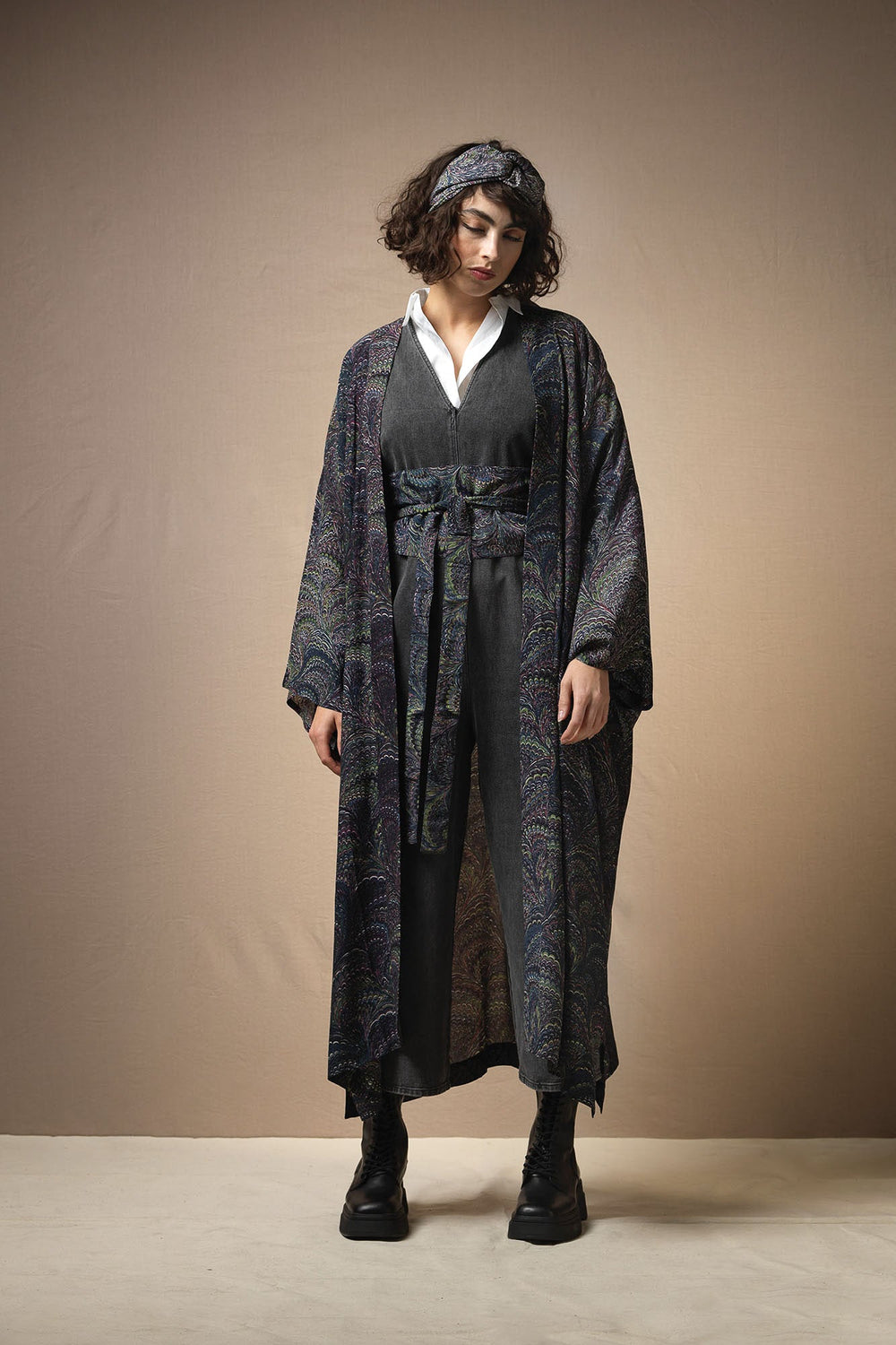 Marbled Indigo Crepe Long Kimono - One Hundred Stars