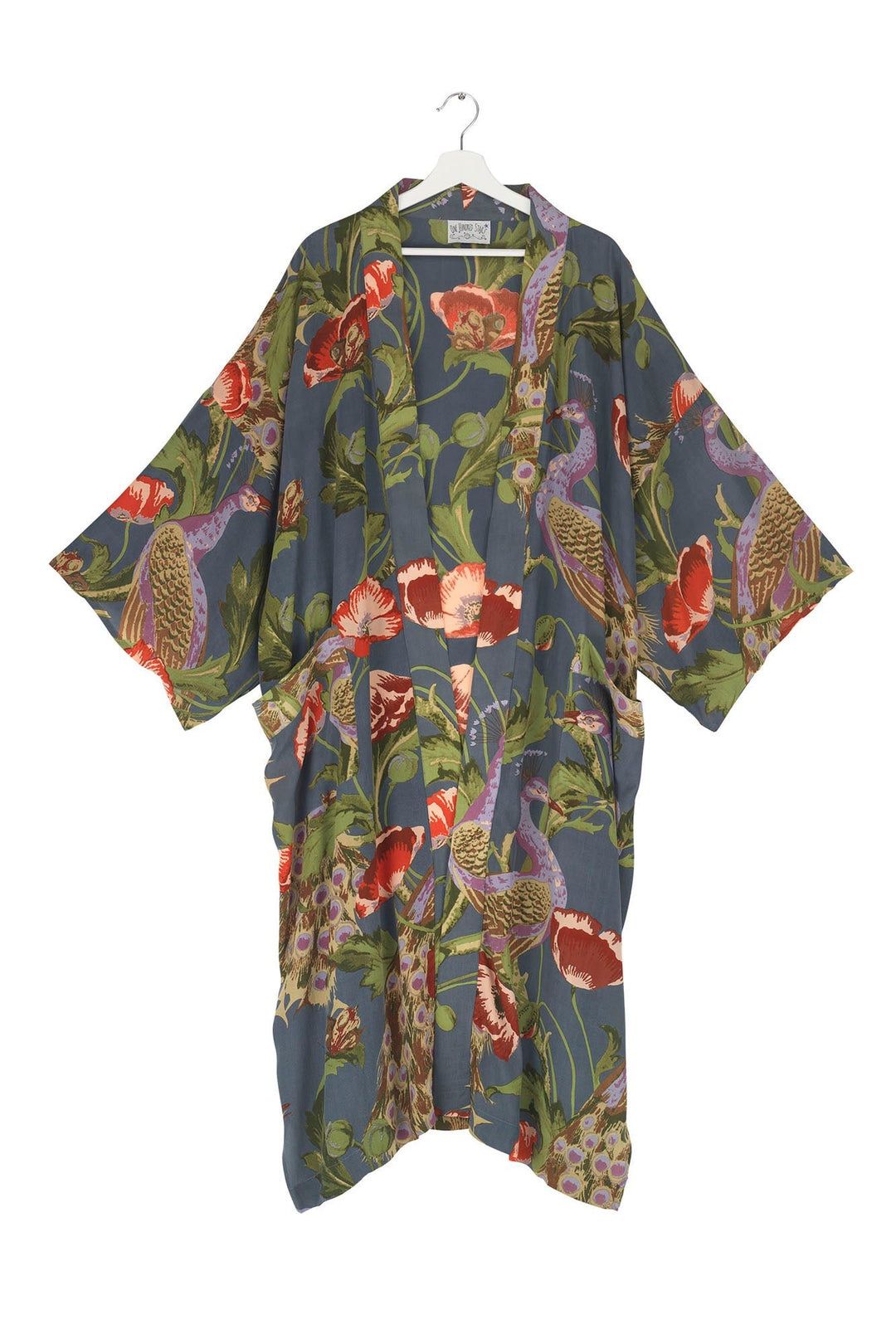 Peacock and Poppies Grey Crepe Long Kimono - One Hundred Stars