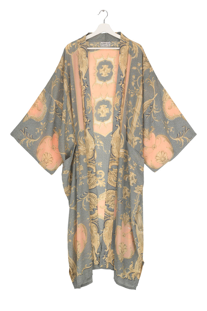 One Hundred Stars Rococo Grey Crepe Long Kimono- Our long kimonos have traditional loose sleeves, an open front and are cropped above the ankle (depending on height).  Made from our crepe fabric, which gives a wonderful 1920s feel to the garment, while providing a little extra weight.