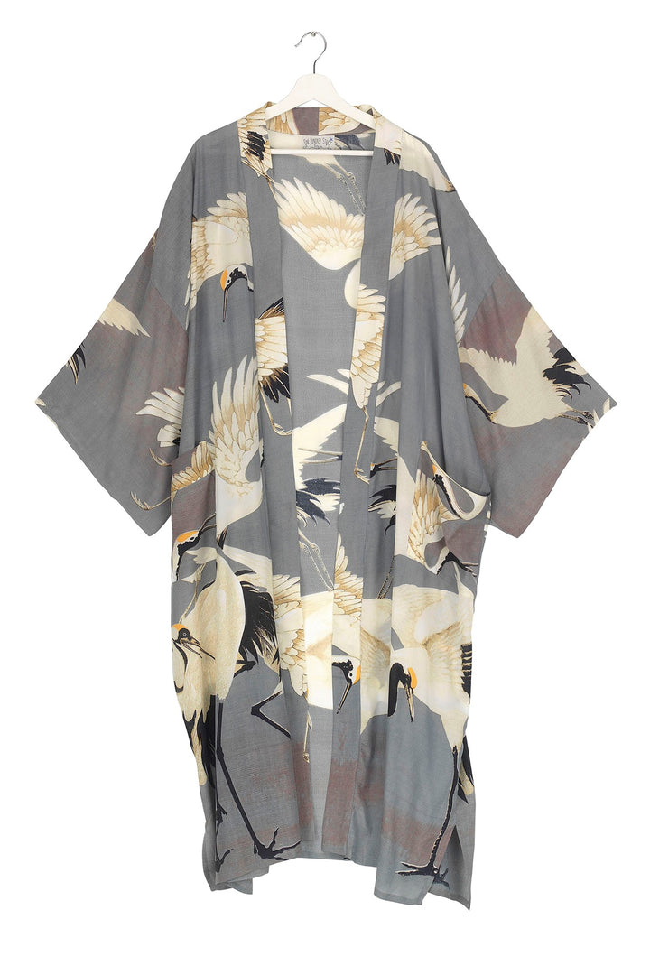 Stork Slate Crepe Long Kimono - One Hundred Stars