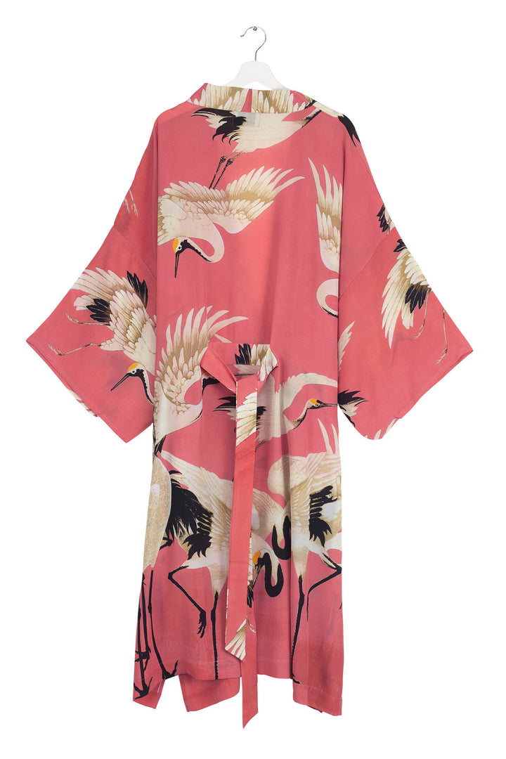 One Hundred Stars Stork Crane Lipstick Pink Crepe Long Kimono - Storks and cranes have been a major art deco trend in both fashion and interiors and this Stork Lipstick Pink Crepe Long Kimono is perfect for anyone looking for something chic, stylish and in vogue! Perfect for dressing up in the evening or adding that extra bit of style in the day, this colour will add a bit of brightness to your day! 