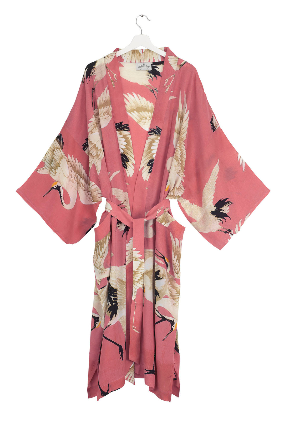 The One Hundred Stars Stork Crane Lipstick Pink Crepe Long Kimono can be worn two ways, when tied at the back it makes a chic open fronted jacket. Alternatively, it can be worn tied at the front as a closed jacket or dress and secured using the interior waist tie.