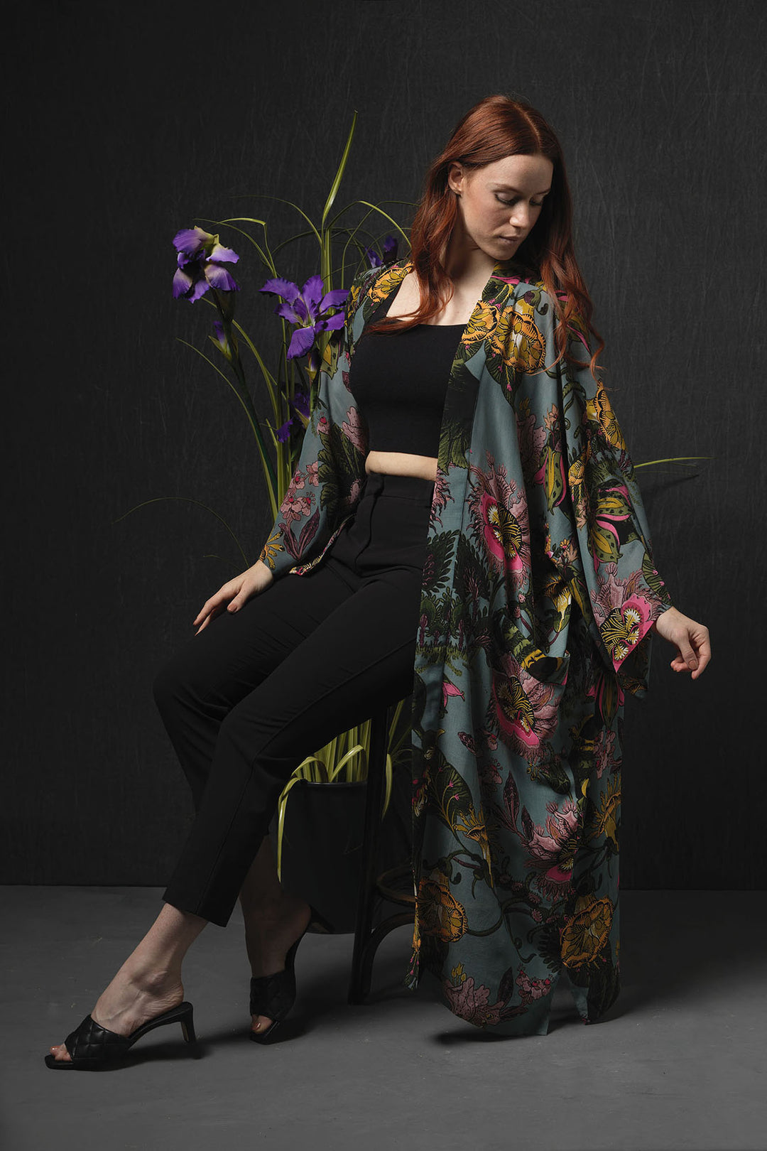 One Hundred Stars Eccentric Blooms Pewter Crepe Long Kimono - This kimono can be worn two ways, when tied at the back it makes a chic open fronted jacket. Alternatively, it can be worn tied at the front as a closed jacket or dress and secured using the interior waist tie. 