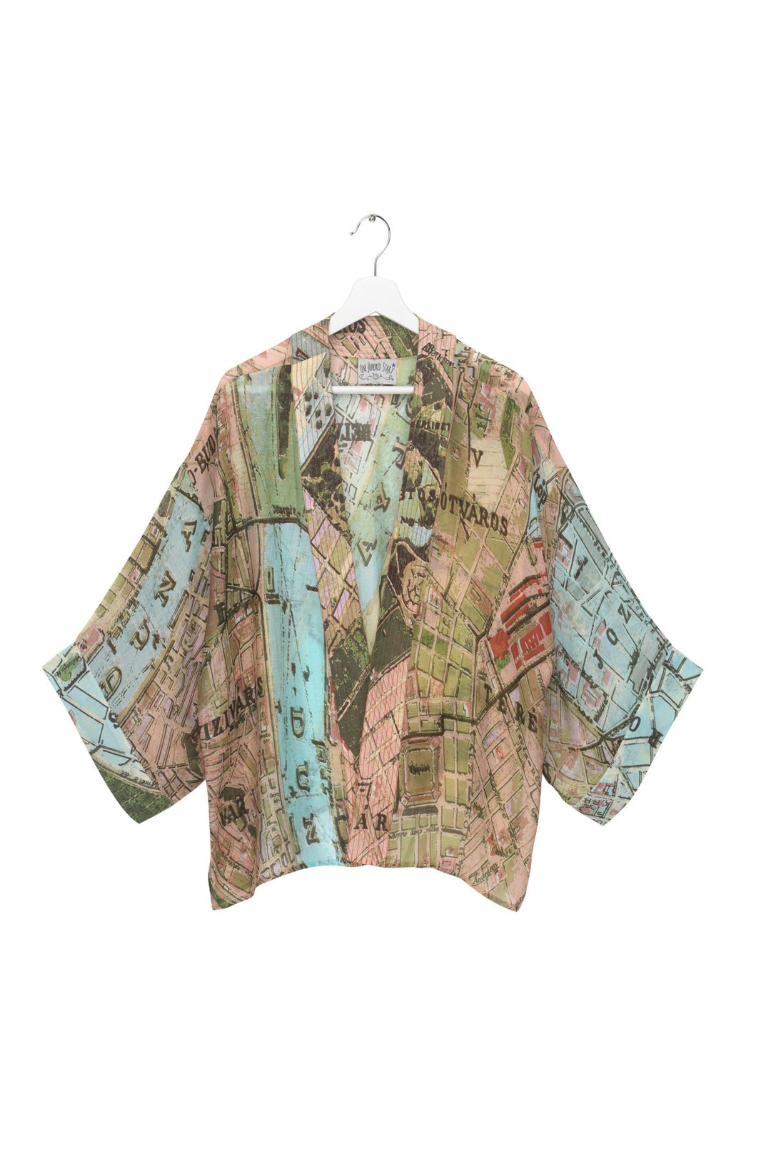 One Hundred Stars Budapest Map Kimono- Our bestselling kimono jackets have loose ¾ length sleeves, an open front and a lightly embroidered lapel. Pair with a matching camisole and your favourite jeans in summer or layer over a polo neck during the cooler months.