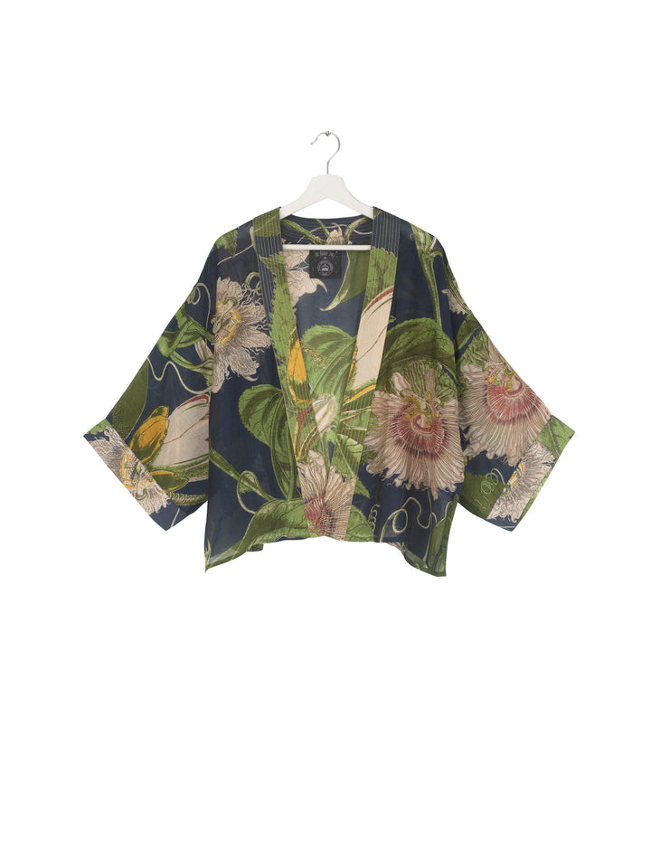 Passion Flower or 'Passiflora' mini kimono jacket denim blue by One Hundred Stars in Collaboration with Kew, Royal Botanic Gardens. 