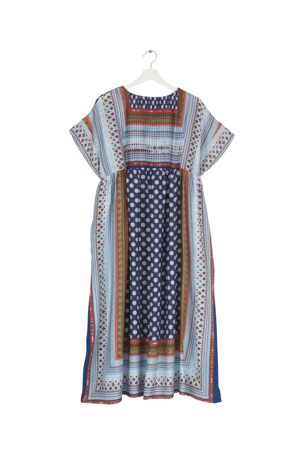 ladies midi dress with pleated detail in moorish indigo print by one hundred stars