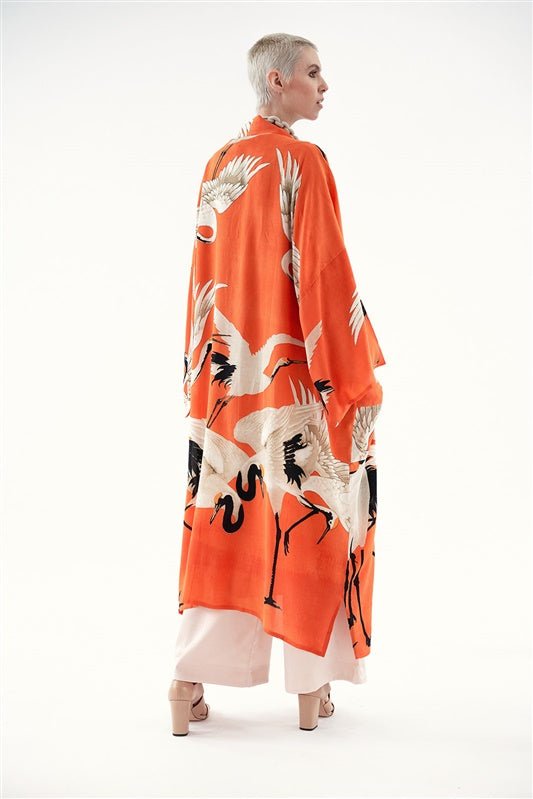 Stork Orange Crepe Long Kimono - One Hundred Stars
