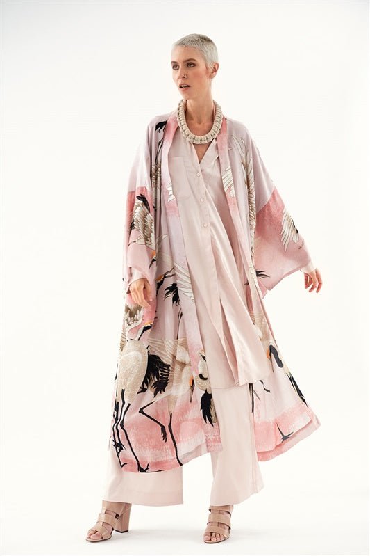 Stork Plaster Pink Crepe Long Kimono - One Hundred Stars