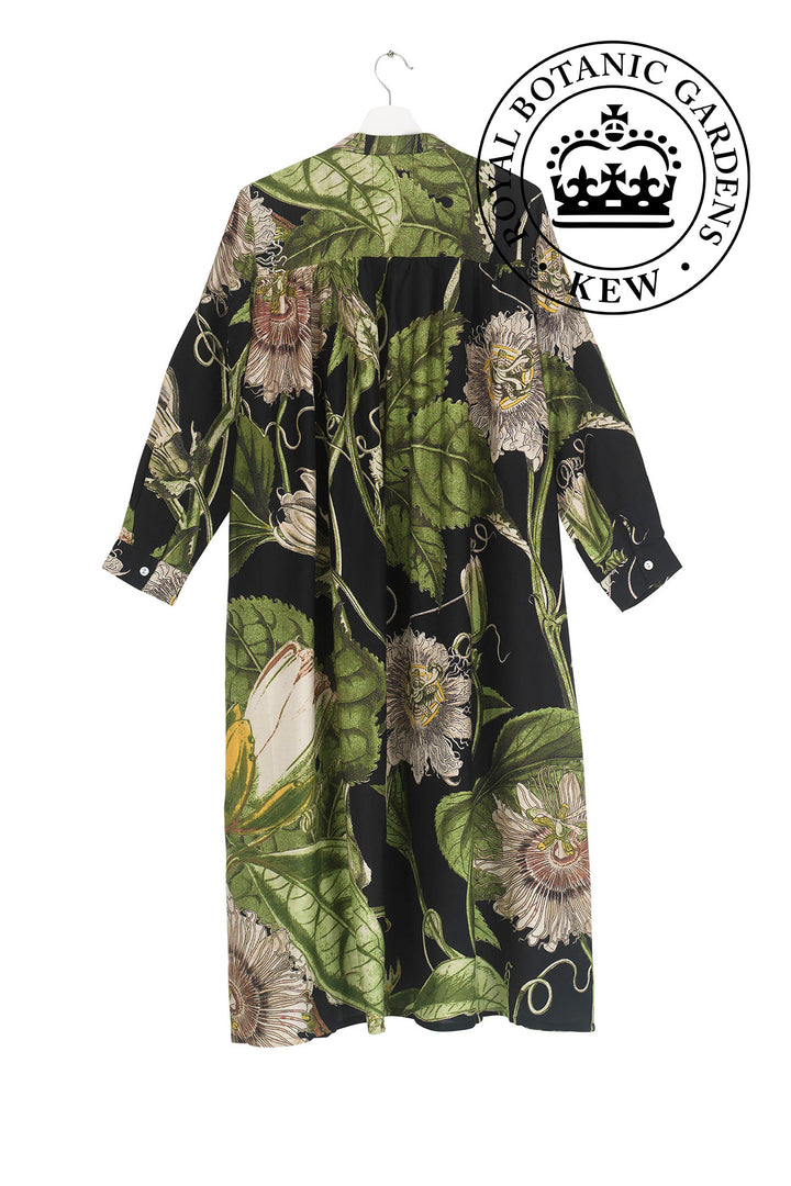 Passion Flower or 'Passiflora' print duster coat in black, as part of the The One Hundred Stars collaboration with KEW Royal Botanic Gardens. 