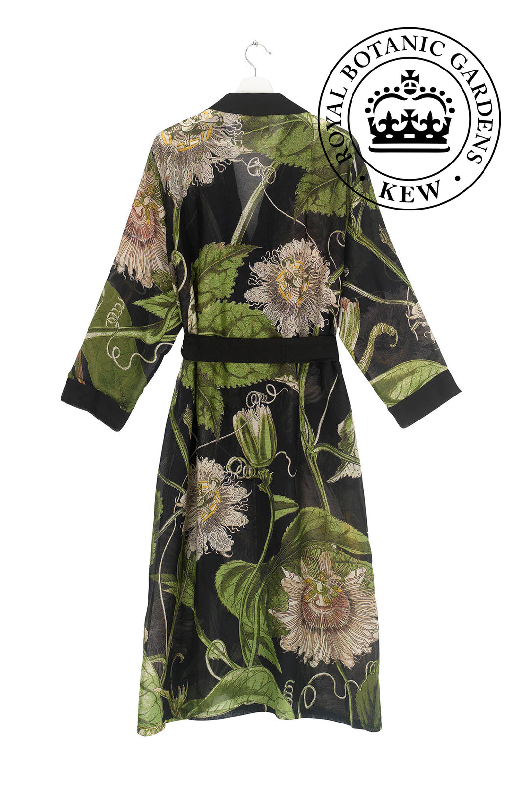 Passion Flower or 'Passiflora' Gown / Robe in black by One Hundred Stars in Collaboration with Kew, Royal Botanic Gardens. 