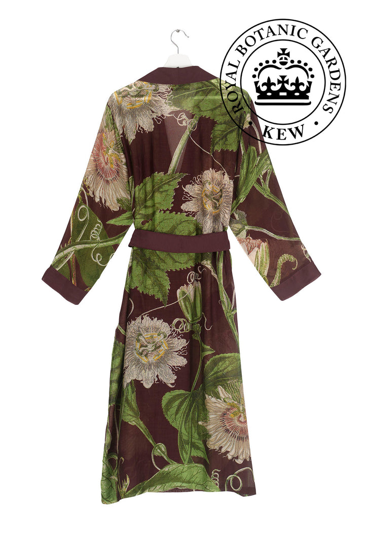 Passion Flower or 'Passiflora' print dressing gown / robe in burgundy as part of the The One Hundred Stars collaboration with KEW Royal Botanic Gardens. 