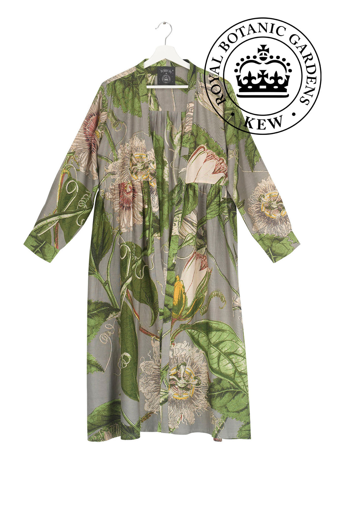 KEW Passion Flower Stone Duster Coat- This stunning shape is both stylish and versatile, whether you choose to wear our duster coat as a luxurious house coat, as part of a chic ensemble during the day or over a little black dress during the evening.