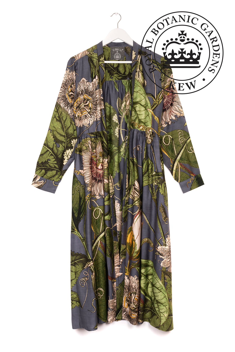 Passion Flower or 'Passiflora' print duster coat in grey, as part of the The One Hundred Stars collaboration with KEW Royal Botanic Gardens. 