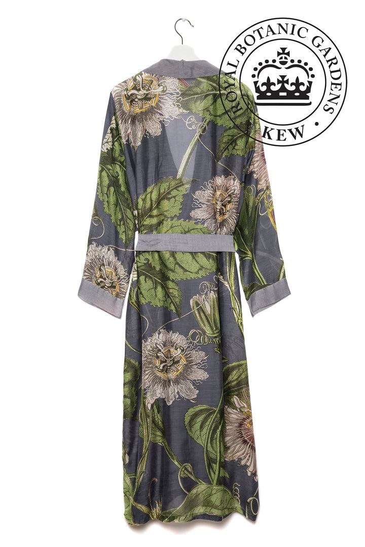 Passion Flower or 'Passiflora' print dressing gown / robe in grey as part of the The One Hundred Stars collaboration with KEW Royal Botanic Gardens. 