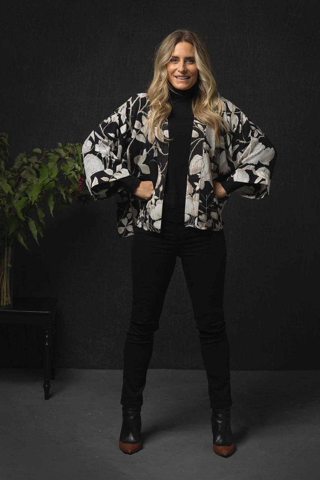 Rosebush Black Crepe Kimono- Our bestselling kimono jackets have loose ¾ length sleeves, an open front and a lightly embroidered lapel. Pair with a matching camisole and your favourite jeans in summer or layer over a polo neck during the cooler months.