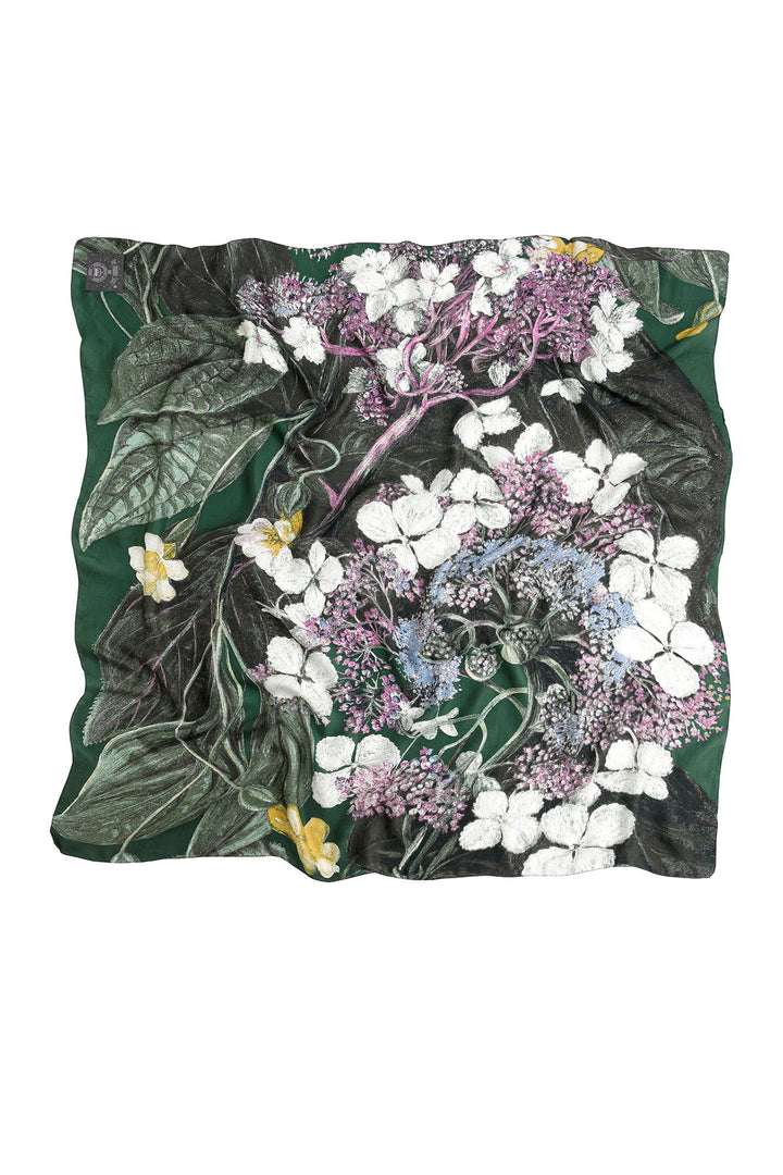 Marianne North Hydrangea Forest Silk Scarf- 100% silk, 100% hand screen printed and a whole 100cm x 100cm of print, this silk scarf oozes luxury whether you wear it knotted around your neck, as a headscarf or fastened around the handle of your favourite handbag. 