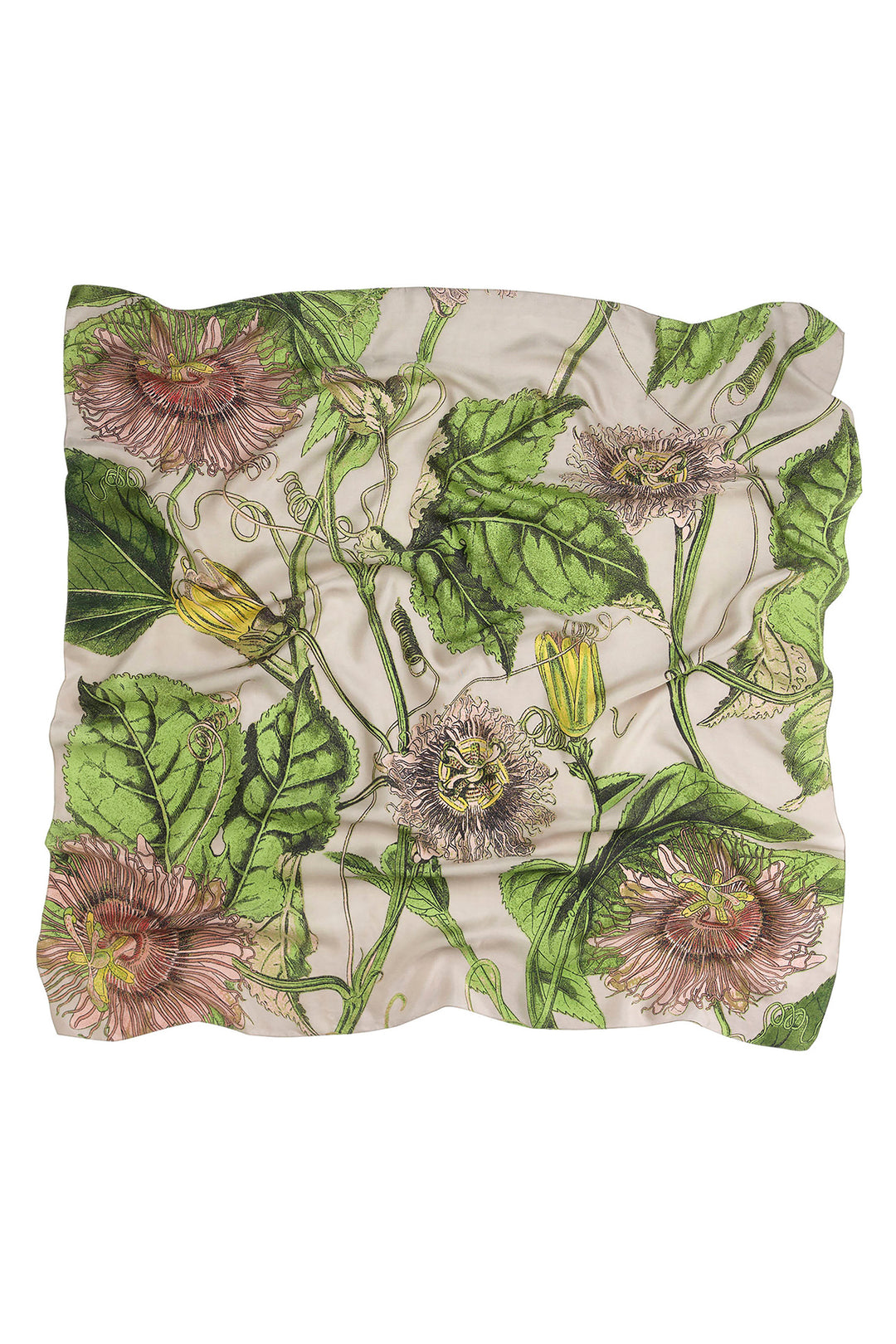 KEW Passion Flower Stone Silk Square Scarf- 100% silk, 100% hand screen printed and a whole 100cm x 100cm of print, this silk scarf oozes luxury whether you wear it knotted around your neck, as a headscarf or fastened around the handle of your favourite handbag. 
