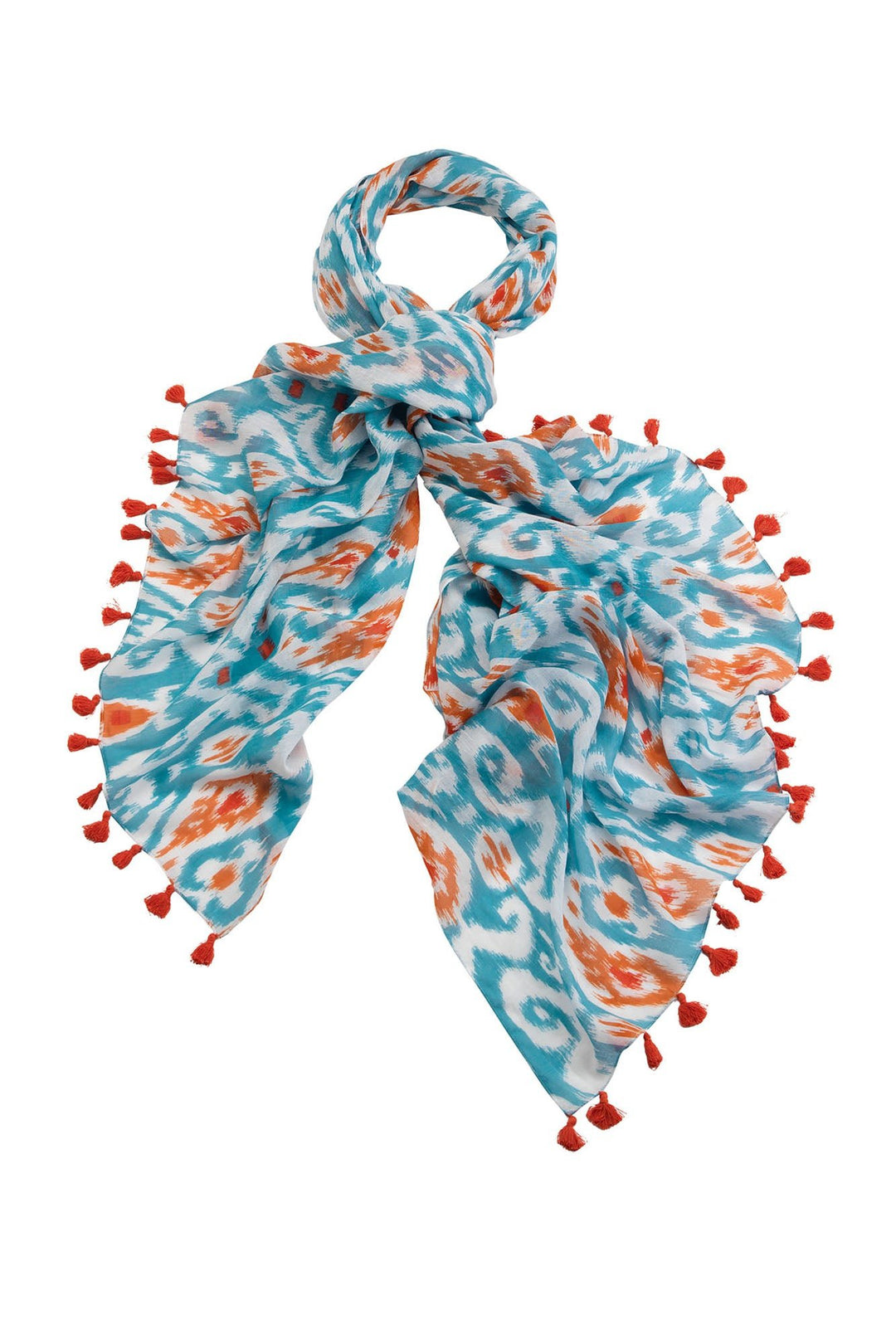 Ikat Turquoise Scarf with Tassels - One Hundred Stars