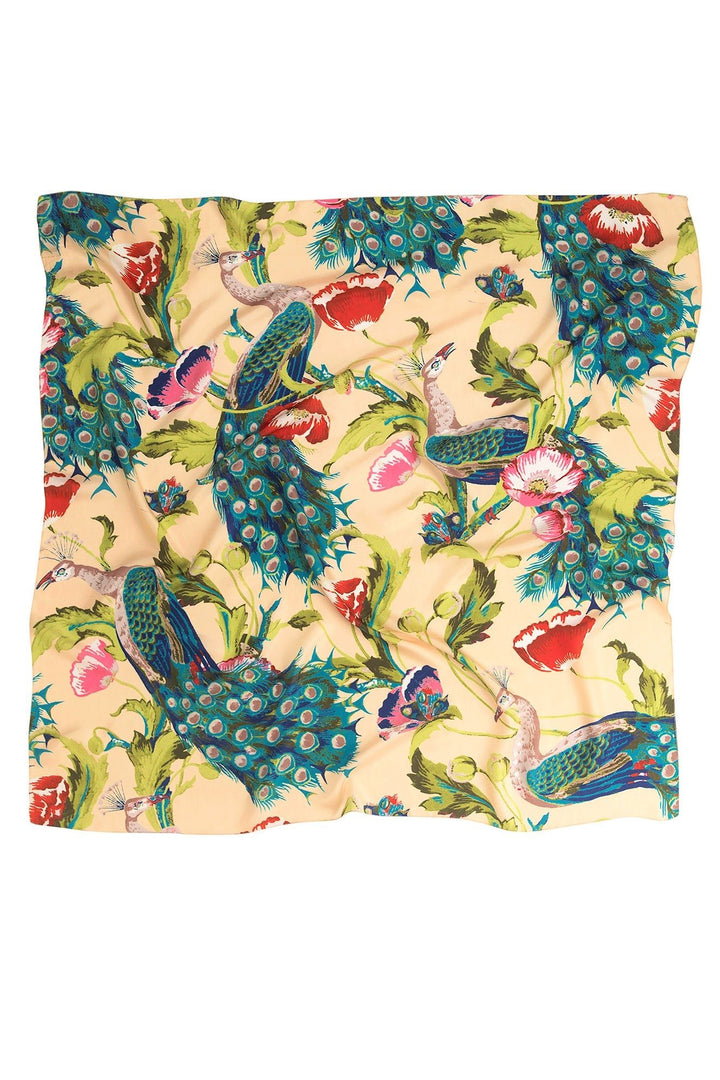 Peacock and Poppies Sand Silk Scarf - One Hundred Stars