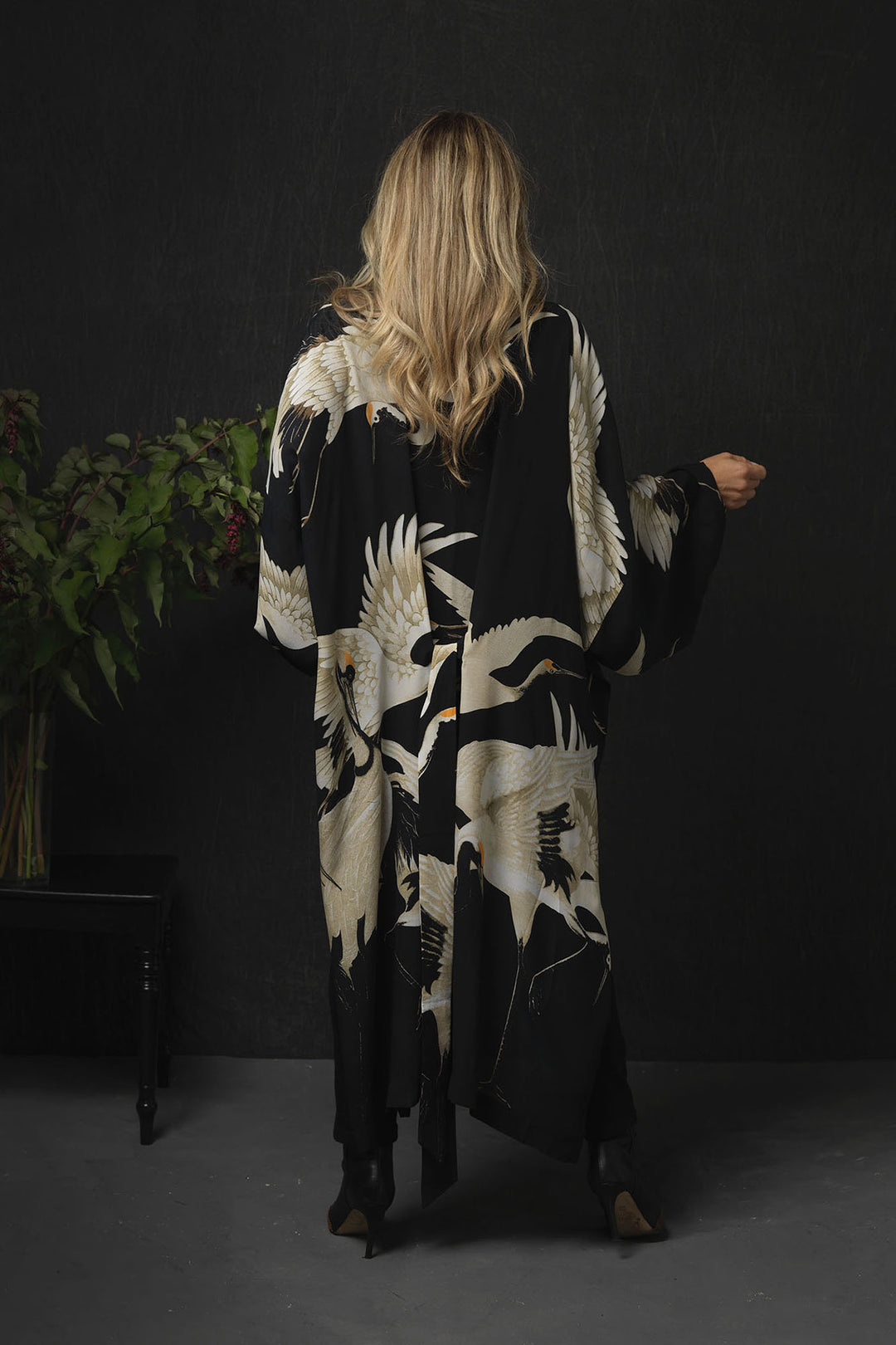 Stork Black Crepe Long Kimono
