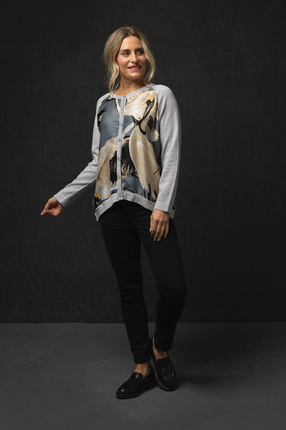 Storks and cranes have been a major art deco trend in both fashion and interiors and this Stork Slate Cotton Cardigan is perfect for anyone looking for something chic, stylish and in vogue!