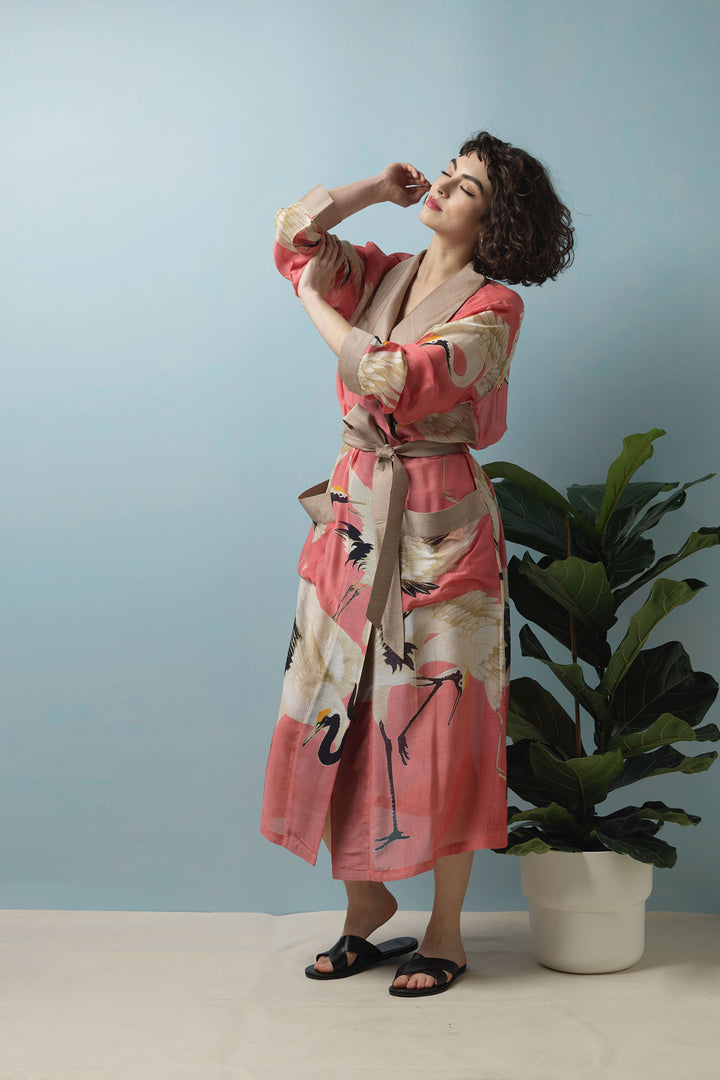 One Hundred Stars Stork Crane Lipstick Pink Dressing Gown Luxurious House Coat - The Gown is made from a custom blend of modal and viscose which creates a silky smooth lightweight material while having a more sustainable impact on the environment.