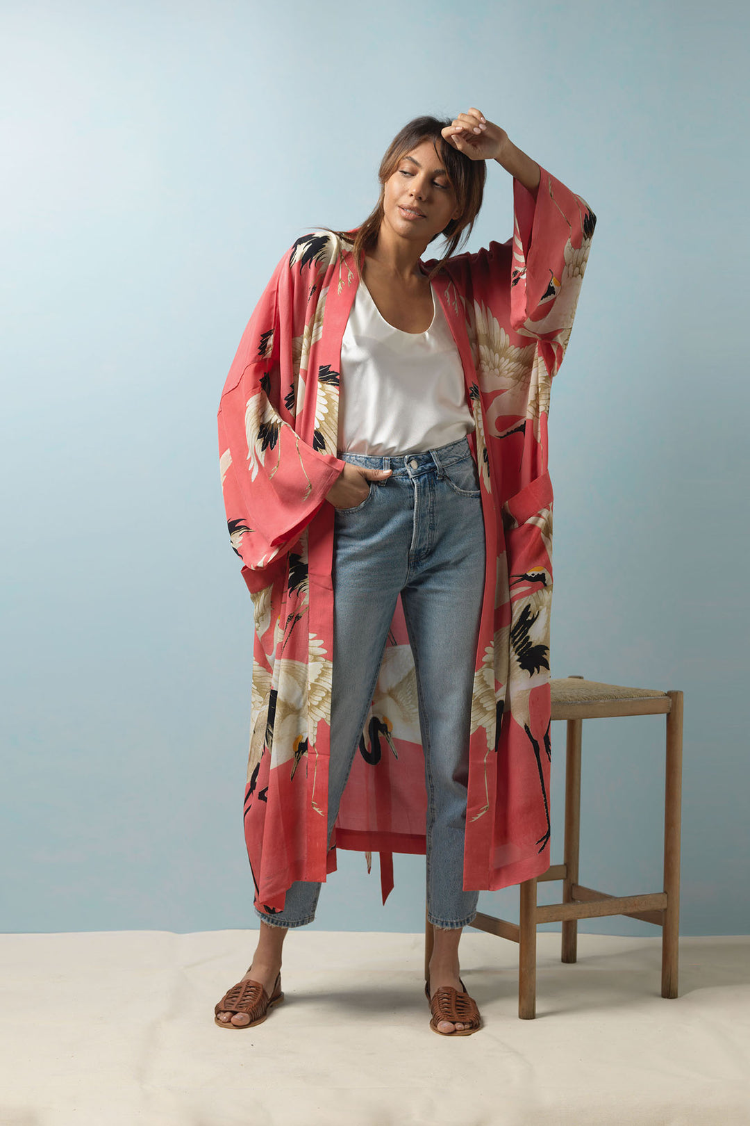 One Hundred Stars Stork Lipstick Pink Crepe Long Kimono - This full-length kimono has traditional loose sleeves, a belt which is secured at the back (no belt loops) and a second interior tie for extra security.