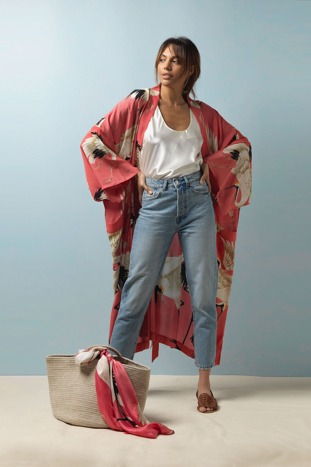 One Hundred Stars Stork Crane Lipstick Pink Crepe Long Kimono can be styled with blue jeans, silk vest top and woven accessories to create a joyful summer look. 