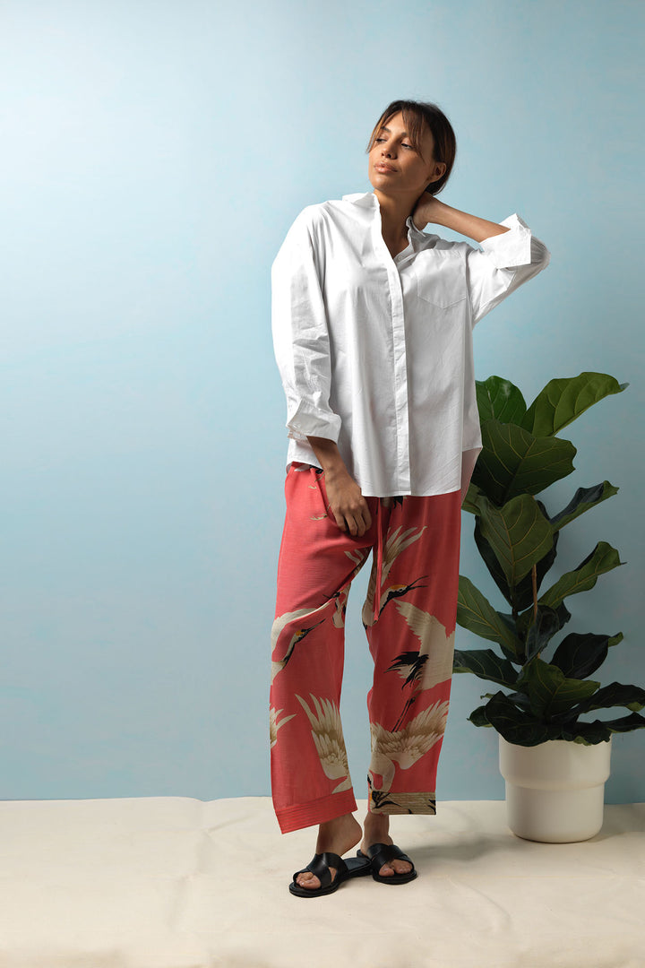 One Hundred Stars Stork Crane Lipstick Pink Crepe Lounge Pants, We have used crepe fabric for this line which gives a wonderful 1920s feel to the garment, while providing a little extra weight.