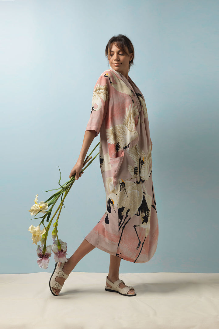 One Hundred Stars Stork Crane Plaster Pink Dress, the perfect summer dress - This cowl neck, V line dress features a pin tuck front, pockets and can be styled with your own additional belt to create a silhouette look.  Mid length pink dress, wedding guest outfit.  
