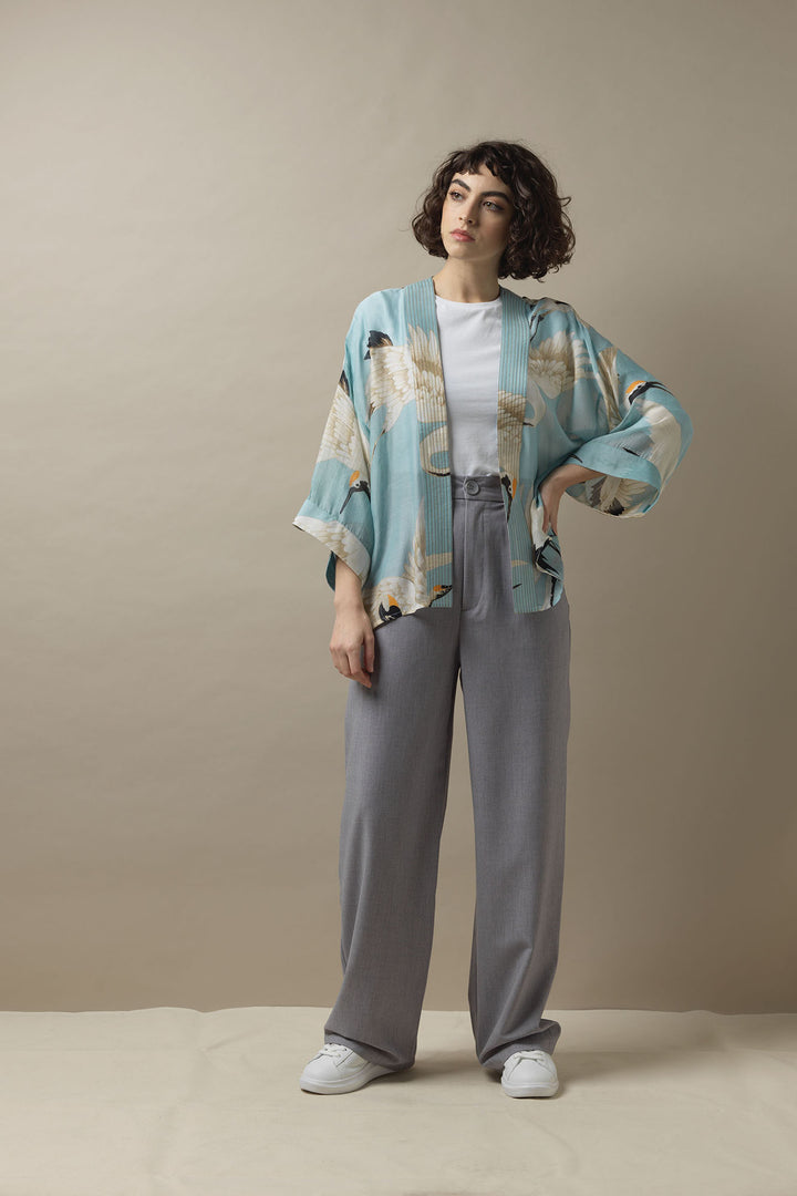 Blue and White short mini kimono, bestselling kimono jackets have loose ¾ length sleeves, an open front and a lightly embroidered lapel. 