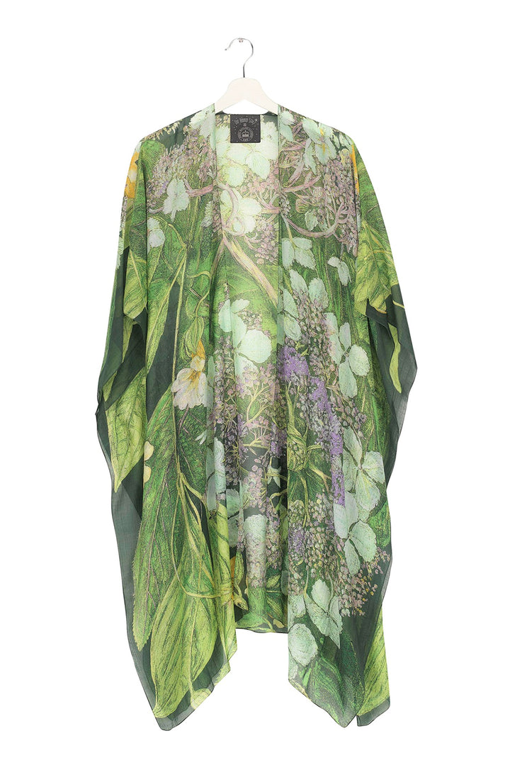 Marianne North Hydrangea Lime Green Throwover- These lightweight throwovers make the perfect cover up, they are mid-length with an open front and loose arms, perfect for the warmer months or worn on holiday as the ideal resort wear. 