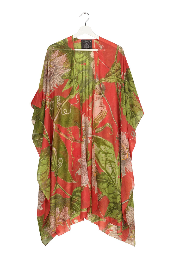 KEW Passion Flower Scarlet Red Throwover- These lightweight throwovers make the perfect cover up, they are mid-length with an open front and loose arms, perfect for the warmer months or worn on holiday as the ideal resort wear. 