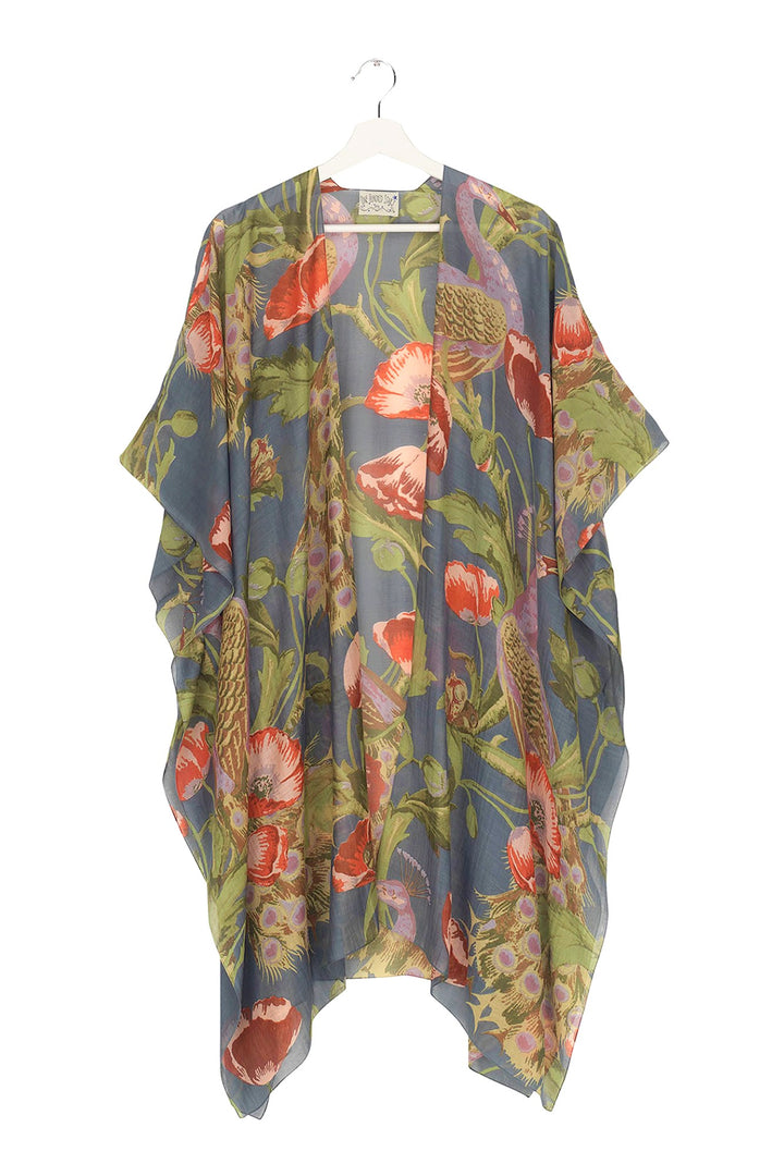 One Hundred Stars Peacock and Poppies Grey Throwover- These lightweight throwovers make the perfect cover up, they are mid-length with an open front and loose arms, perfect for the warmer months or worn on holiday as the ideal resort wear. 