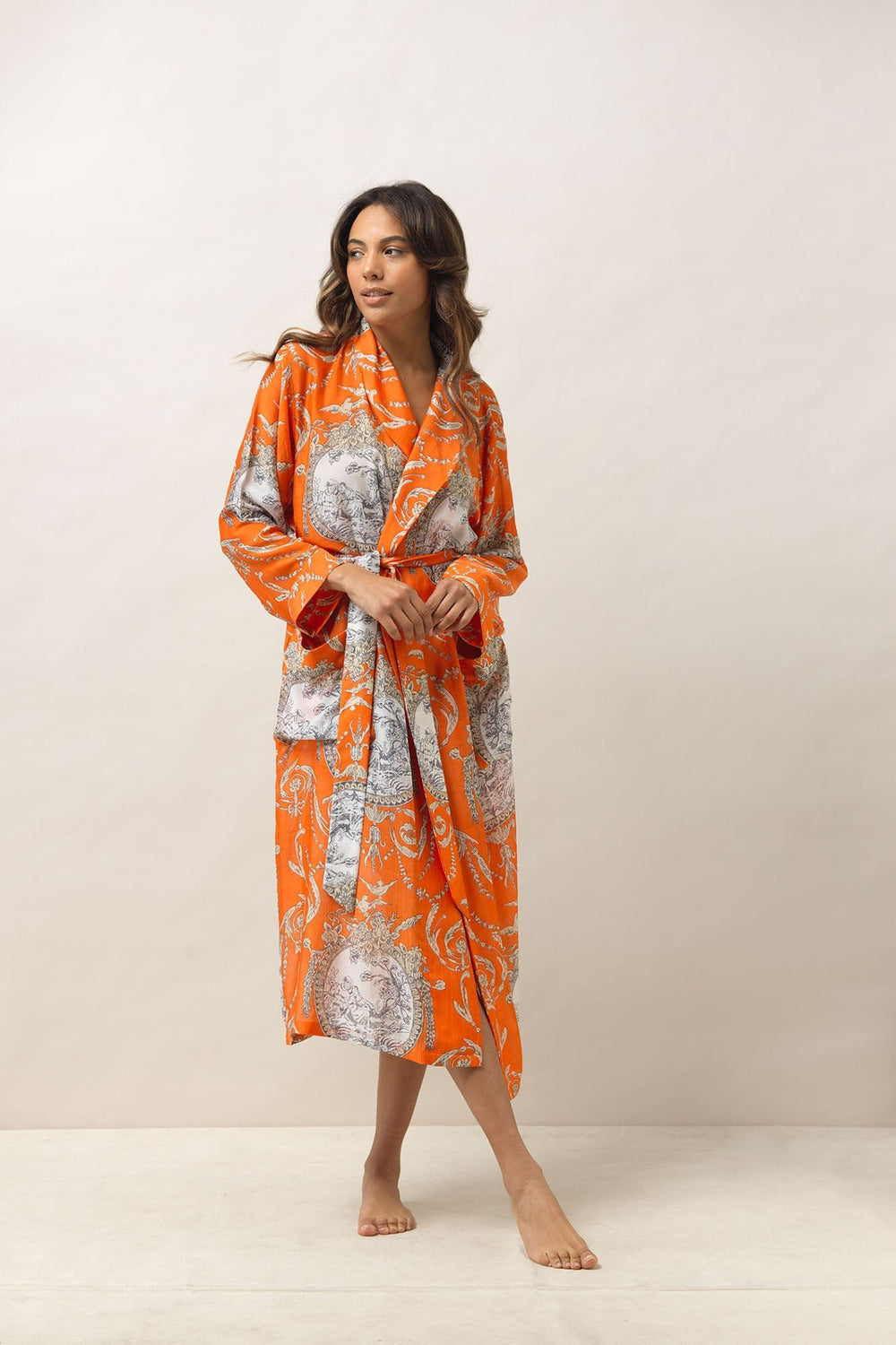 Women's lightweight loungewear gown in orange with a valentine print by One Hundred Stars