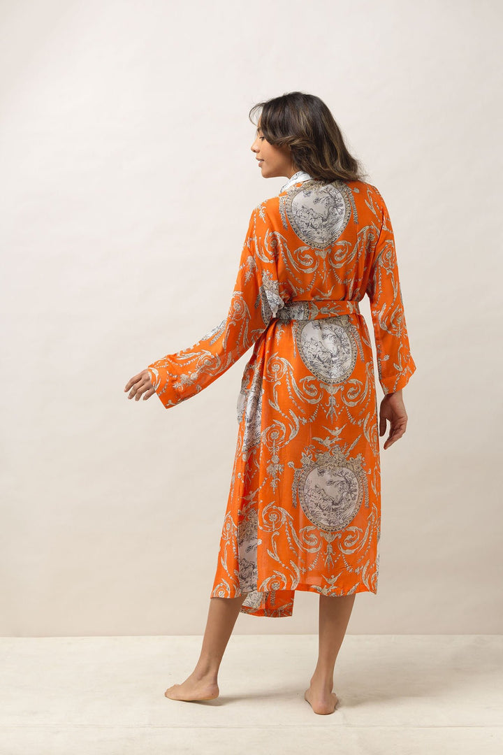 Women's lightweight loungewear gown in orange with a valentine print by One Hundred Stars