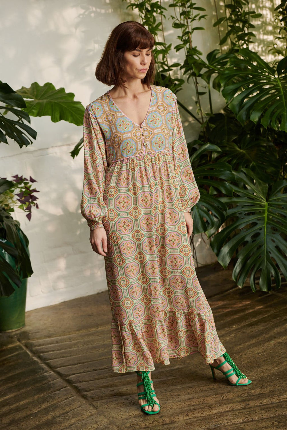 long sleeve ladies maxi dress with Vintage Tiles pattern in pink by One Hundred Stars