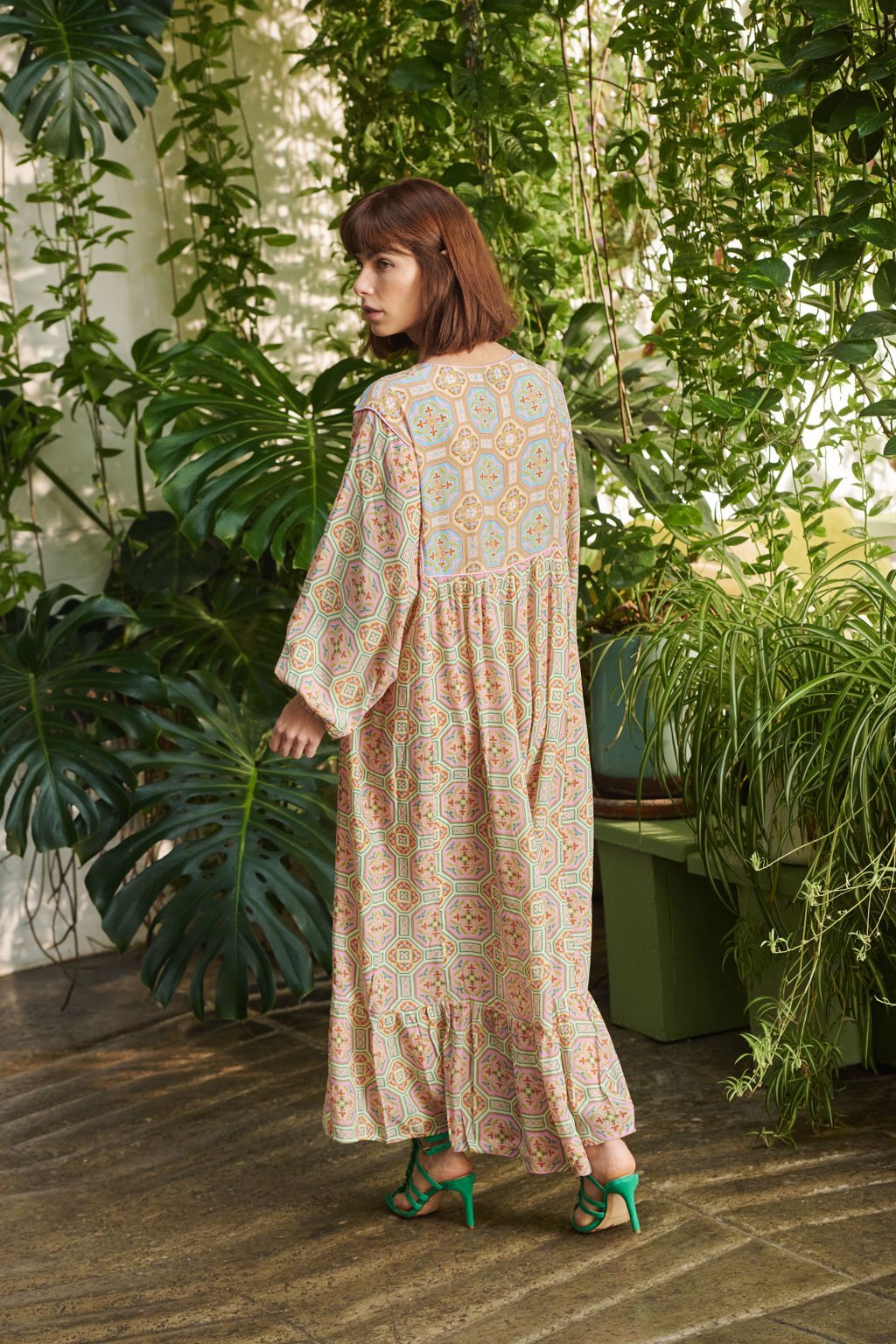 long sleeve ladies maxi dress with Vintage Tiles pattern in pink by One Hundred Stars