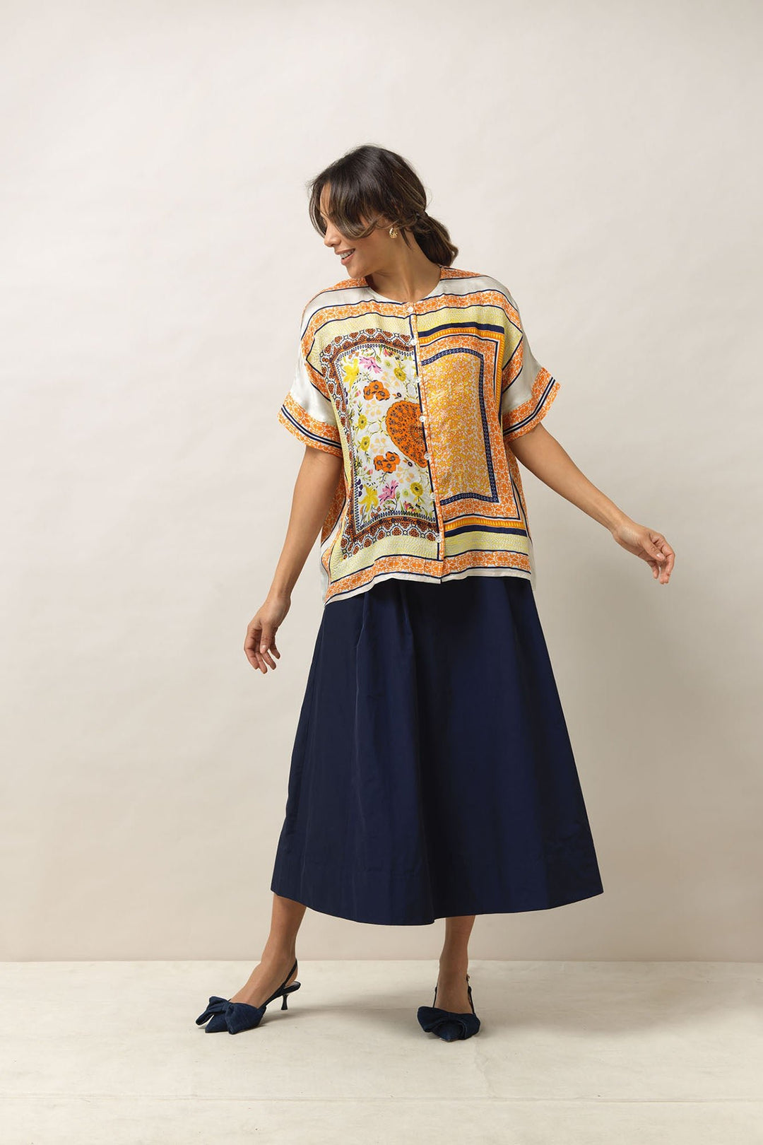 Embroidered Saffron Silk Tea Top - One Hundred Stars