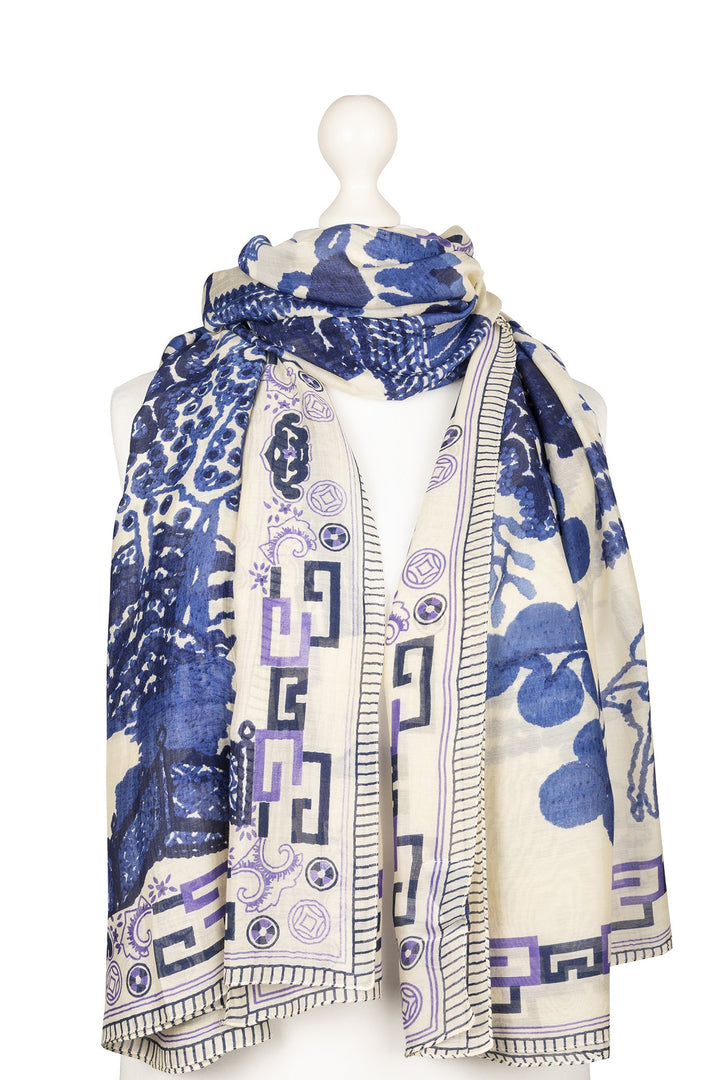 One Hundred Stars Giant Willow is a vintage inspired blue and white willow pattern, similar prints can be found used in pottery this long scarf is 1m x 2x in length and perfect for layering in the winter or as a shawl in summer
