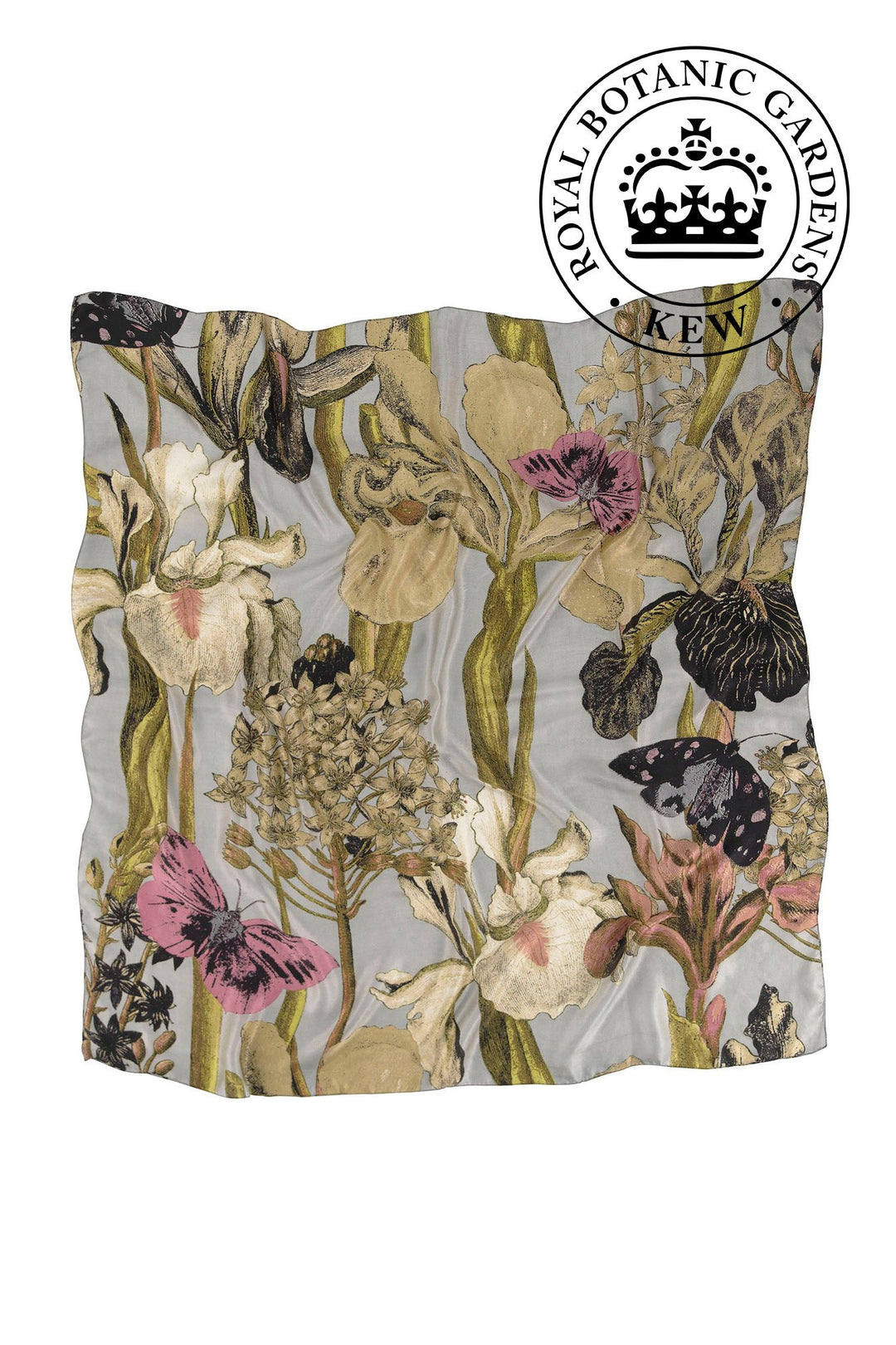 KEW Iris Grey Silk Square Scarf- 100% silk, 100% hand screen printed and a whole 100cm x 100cm of print, this silk scarf oozes luxury whether you wear it knotted around your neck, as a headscarf or fastened around the handle of your favourite handbag. 