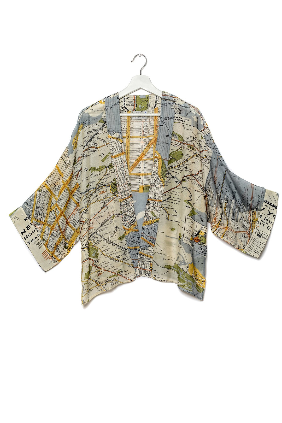 One Hundred Stars New York City Grey Map Kimono- Our bestselling kimono jackets have loose ¾ length sleeves, an open front and a lightly embroidered lapel. Pair with a matching camisole and your favourite jeans in summer or layer over a polo neck during the cooler months.