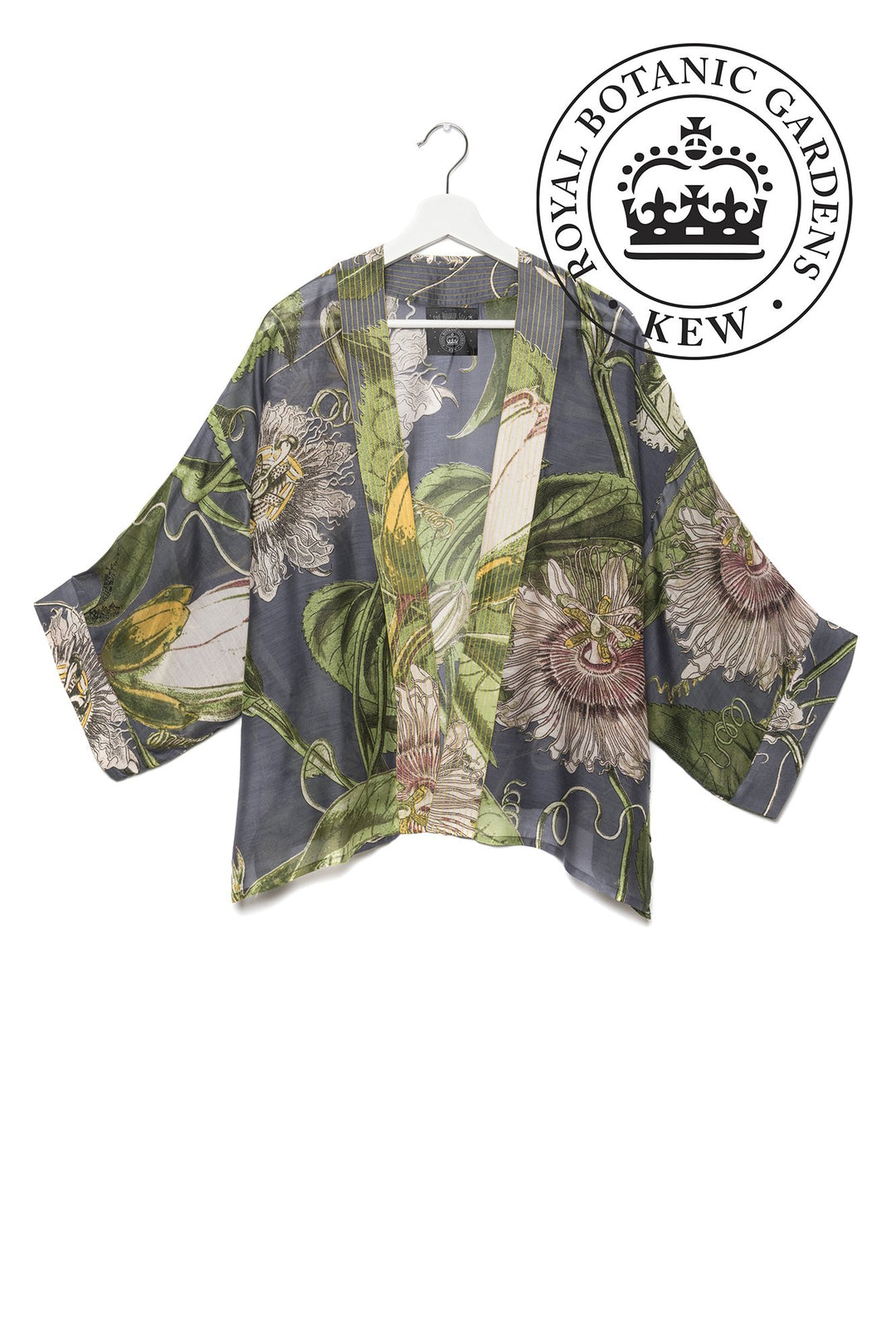 KEW Passion Flower Grey Kimono- Our bestselling kimono jackets have loose ¾ length sleeves, an open front and a lightly embroidered lapel. Pair with a matching camisole and your favourite jeans in summer or layer over a polo neck during the cooler months.
